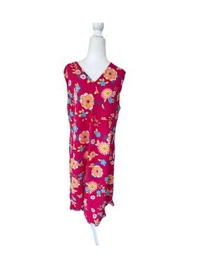 Vintage I.V.Y Linen Red Tropical Hawaiian Floral Sleeveless Dress Women Plus 16